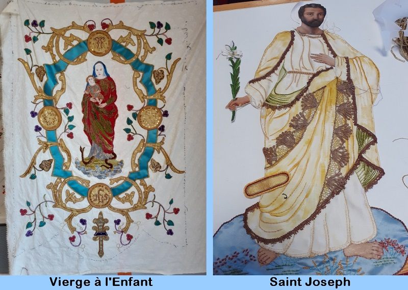 broderie de la vierge et l'enfant, et broderie de saint Joseph