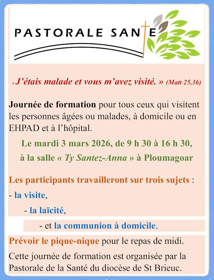Pastorale de la Santé : formation le 3 mars (Ty Santez Anna – Ploumagoar)